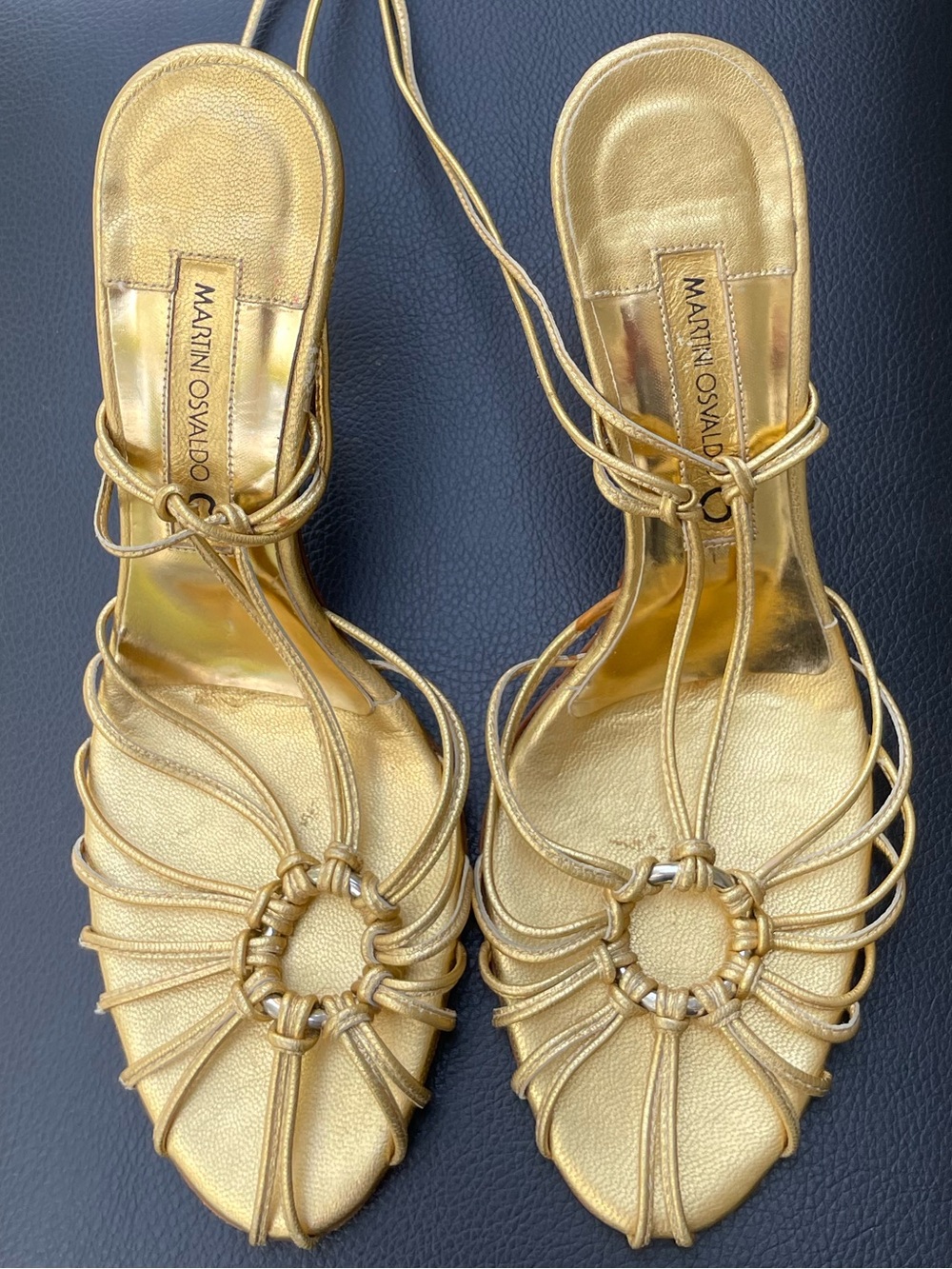Martini  Osvaldo Gold Lace-Up Circle-Knot Heeled Sandals size 38 US 7.5